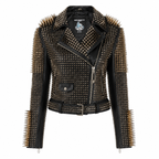 Women’s Golden Studded Leather Biker Jacket