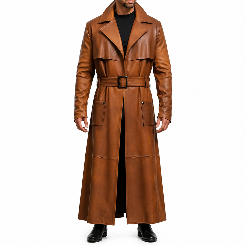 Herren Leder Duster Mantel in Peanut Braun