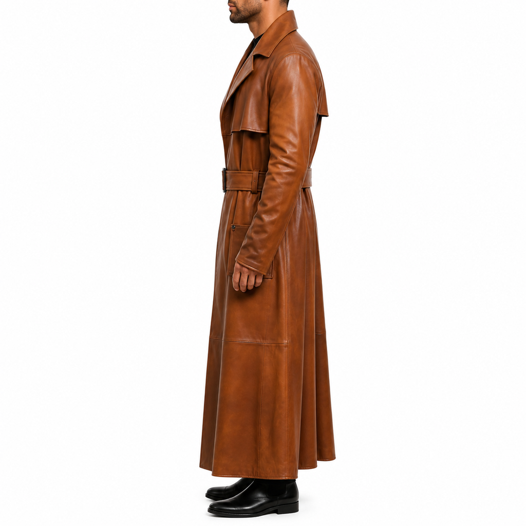 Herren Leder Duster Mantel in Peanut Braun