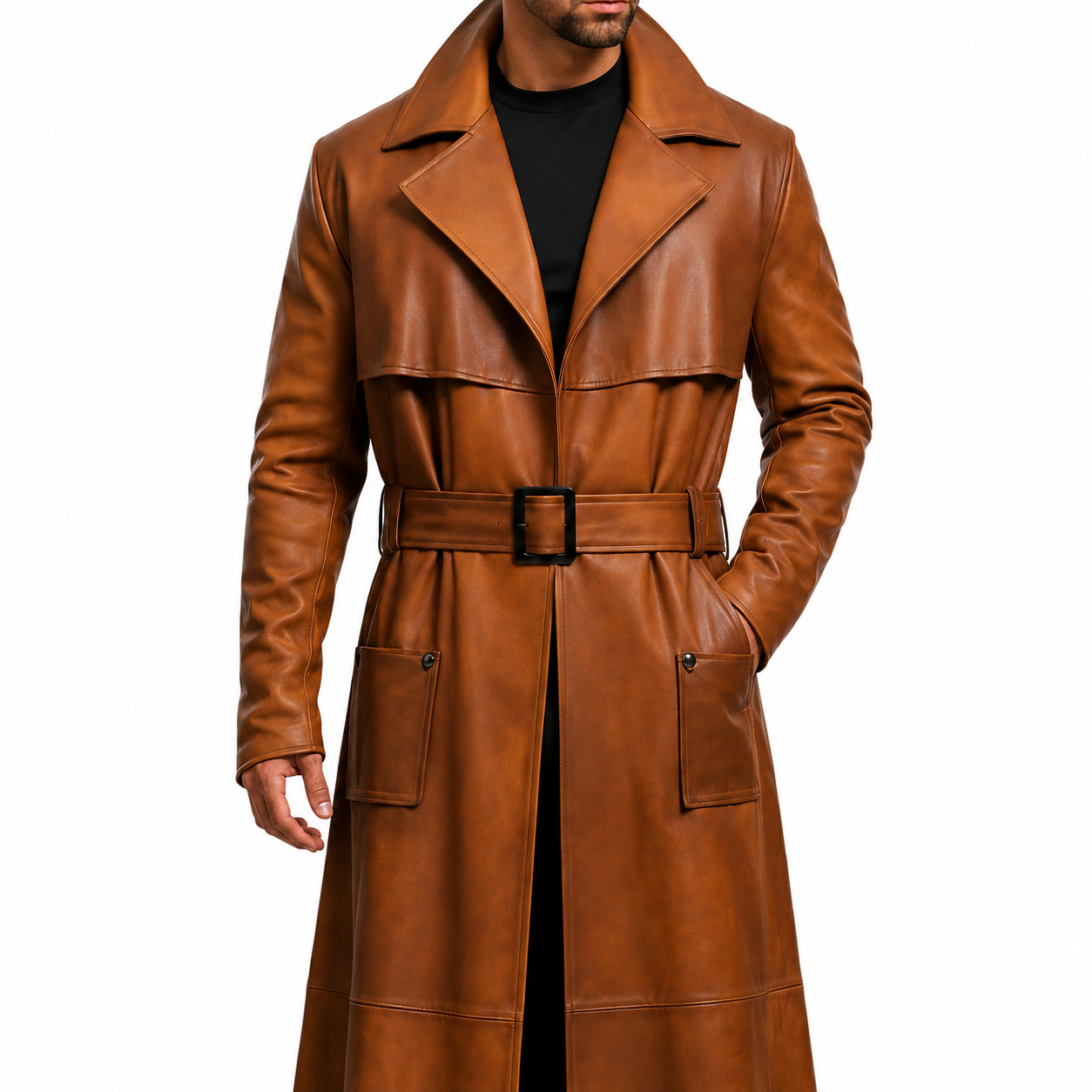 Herren Leder Duster Mantel in Peanut Braun