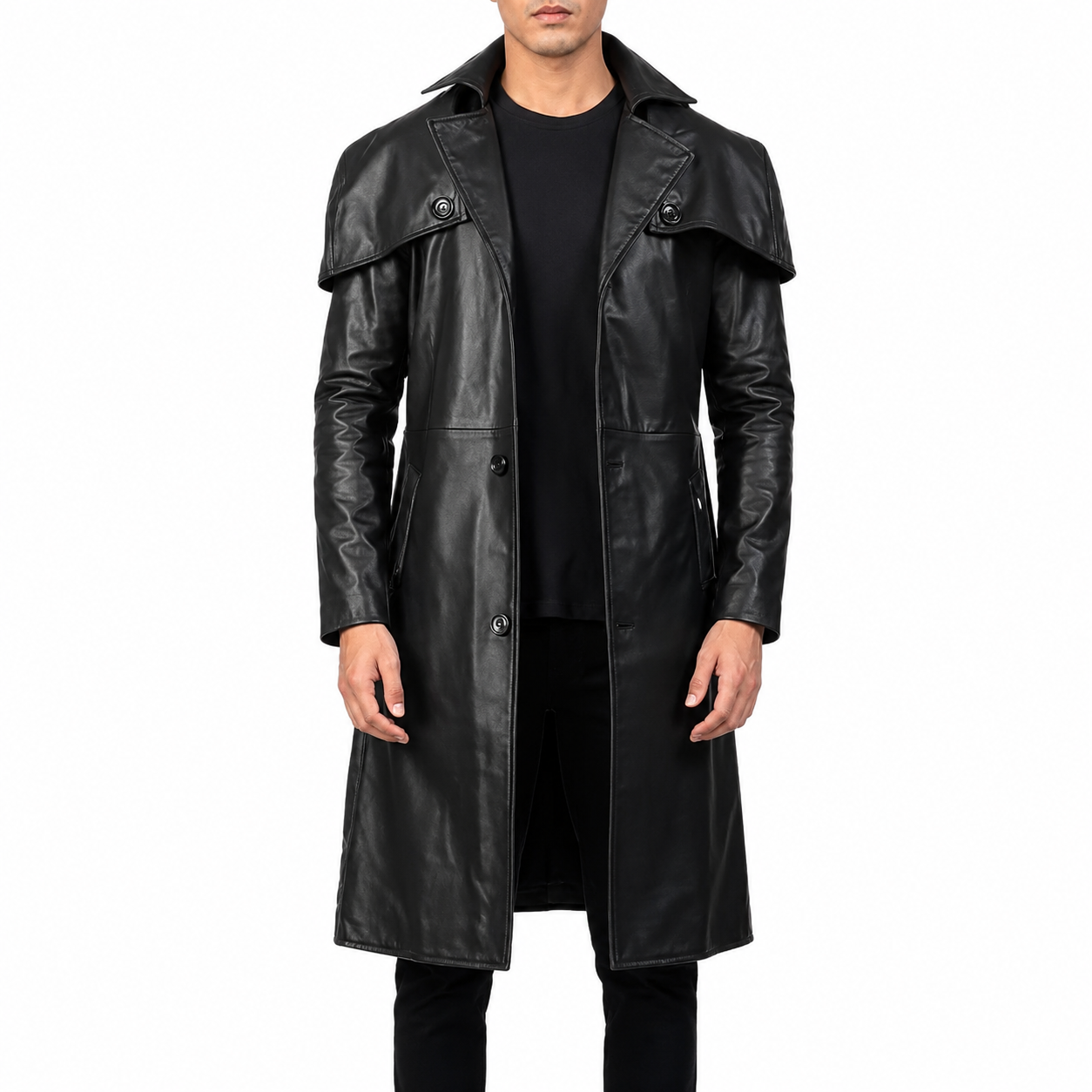 Men’s Black Leather Trench Coat