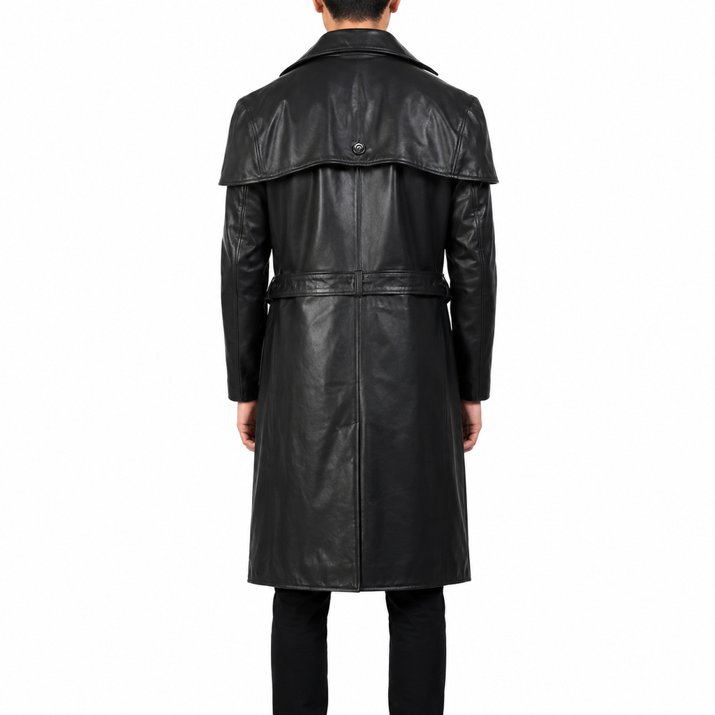 Herren Schwarzer Leder-Trenchcoat