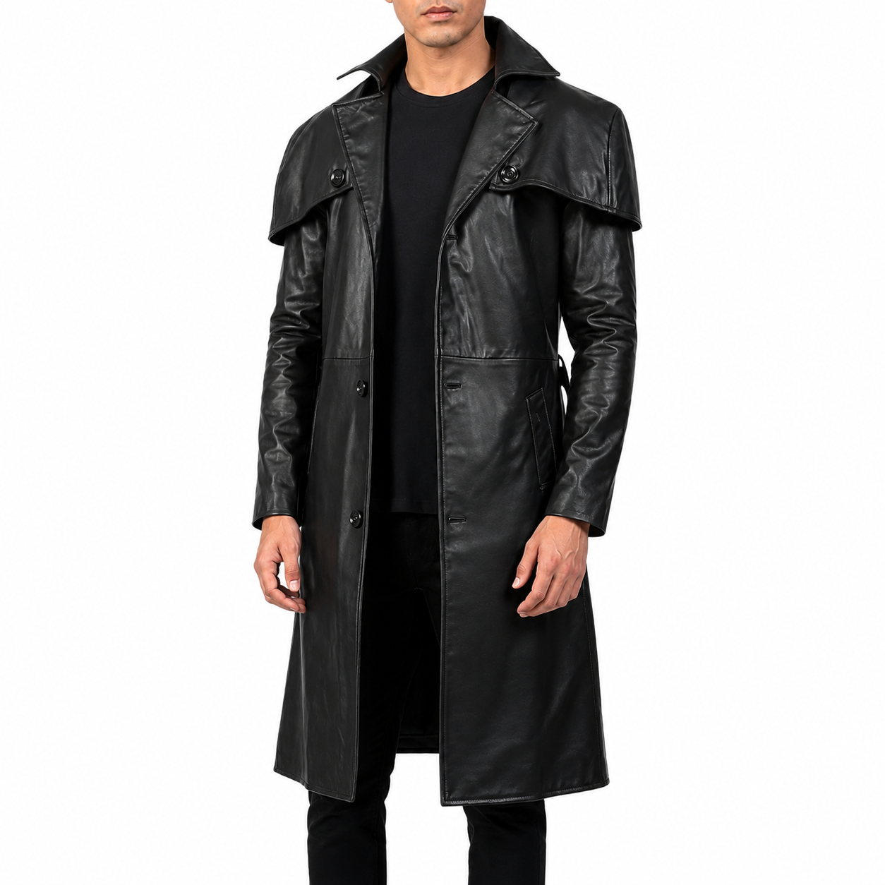 Men’s Black Leather Trench Coat