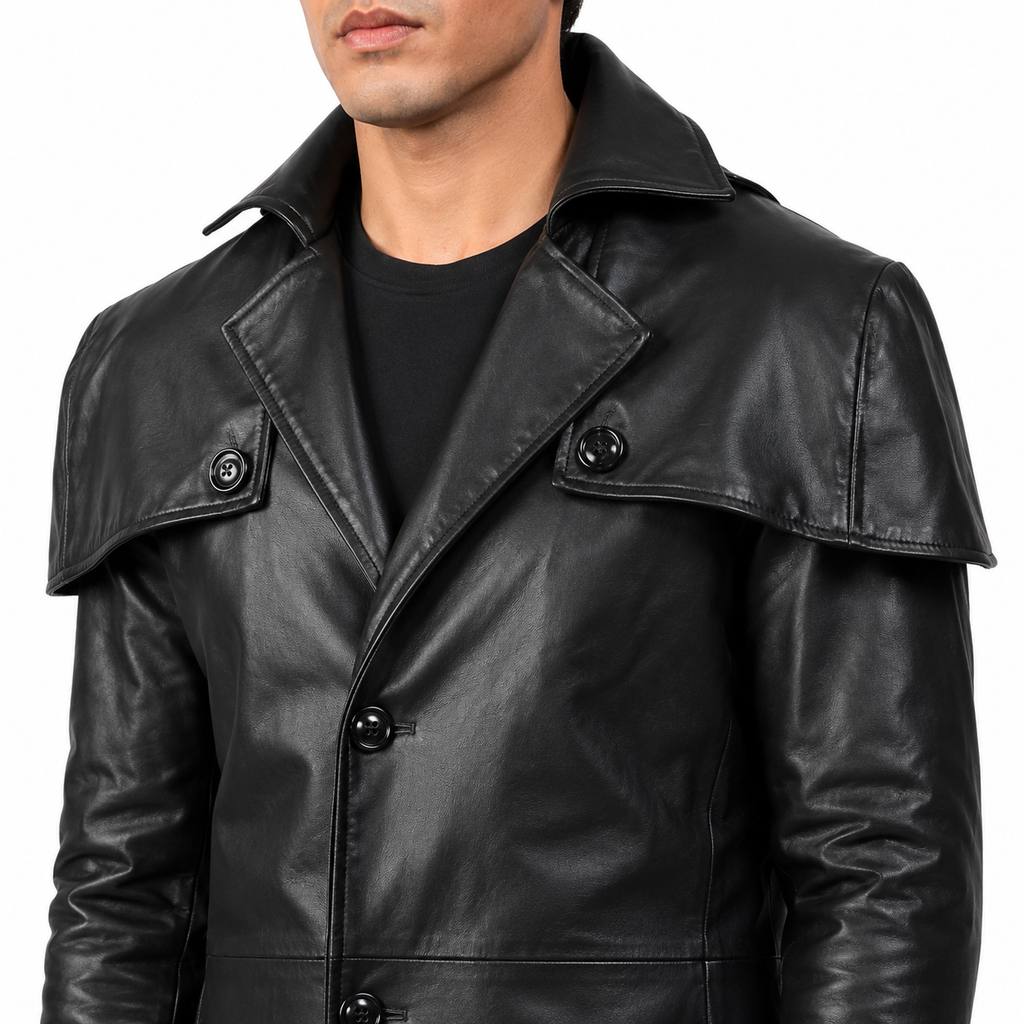 Herren Schwarzer Leder-Trenchcoat