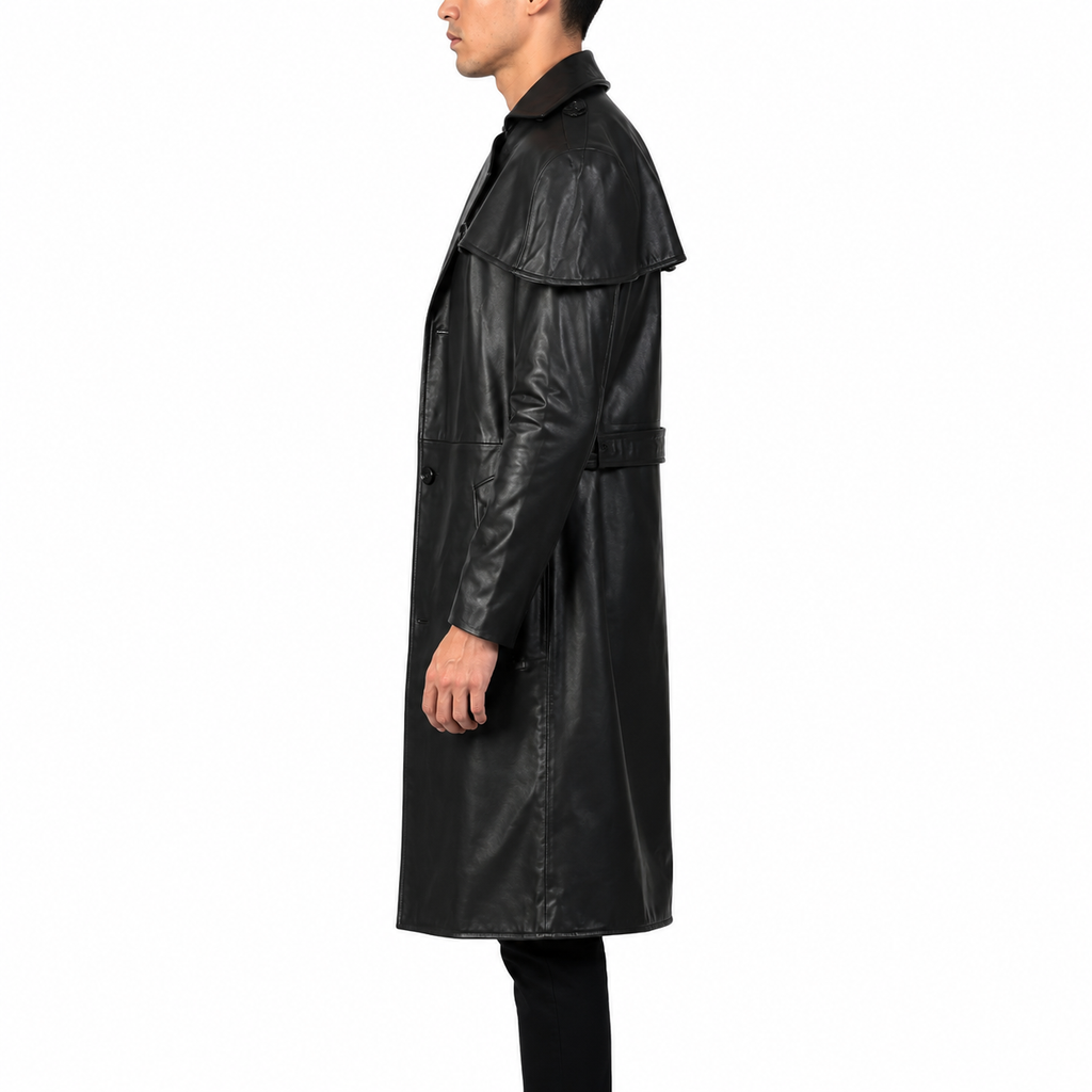 Herren Schwarzer Leder-Trenchcoat