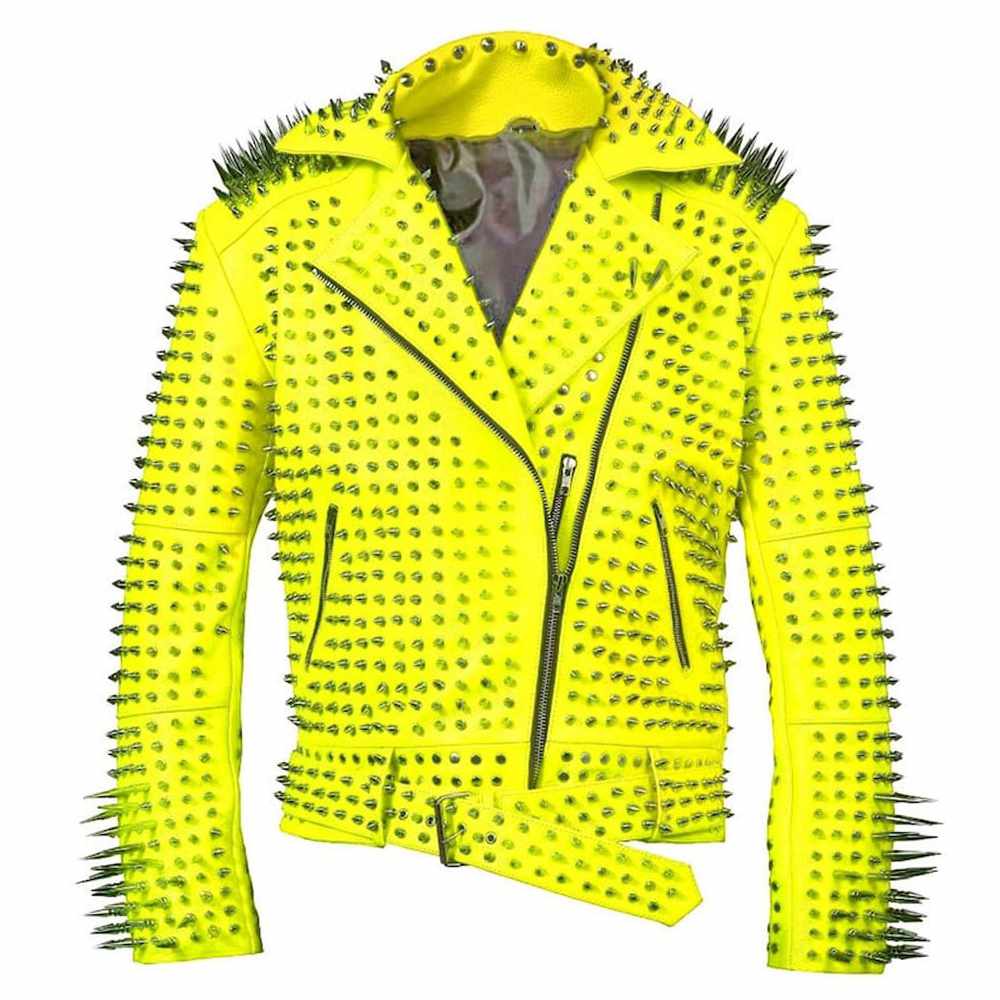 Men’s Yellow Brando Spiked Studded Leather Jacket