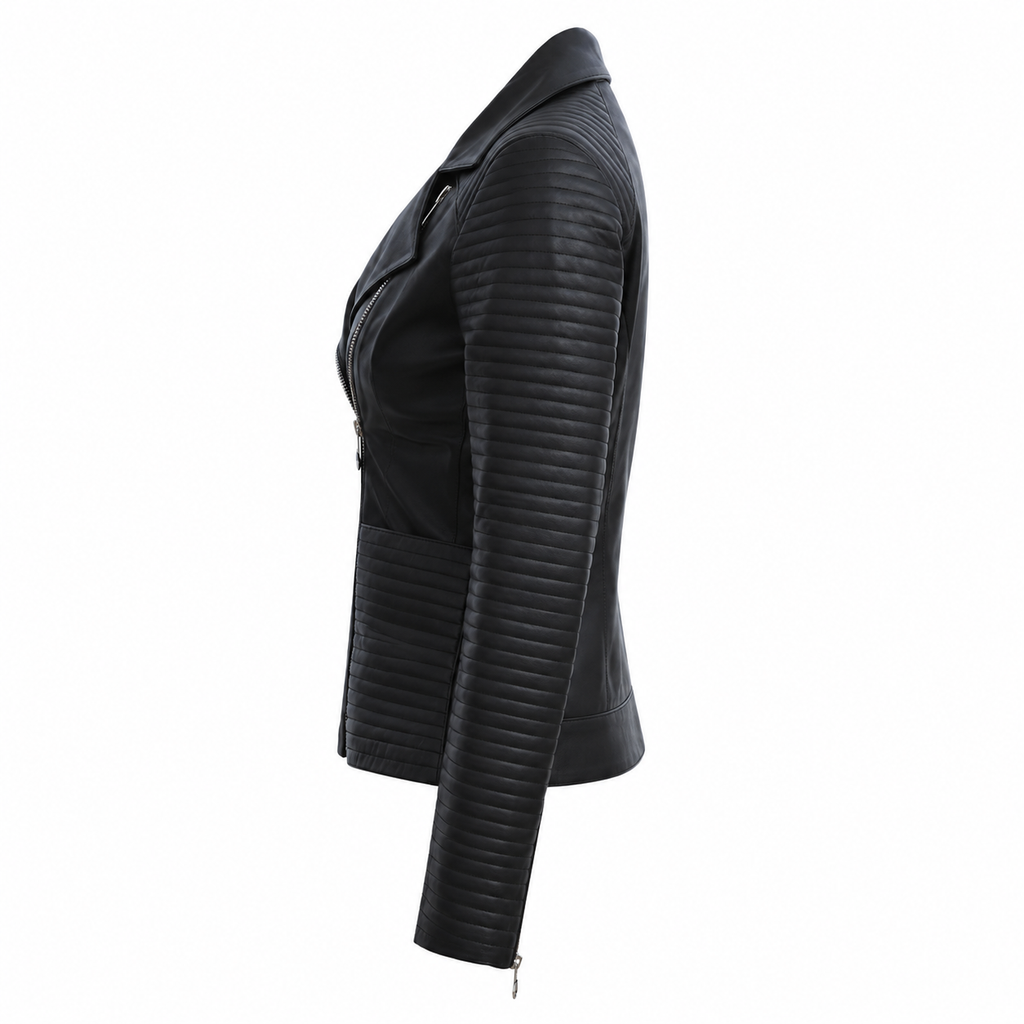 Damen schwarze Reißverschluss Bikerjacke mit Lippenkragen