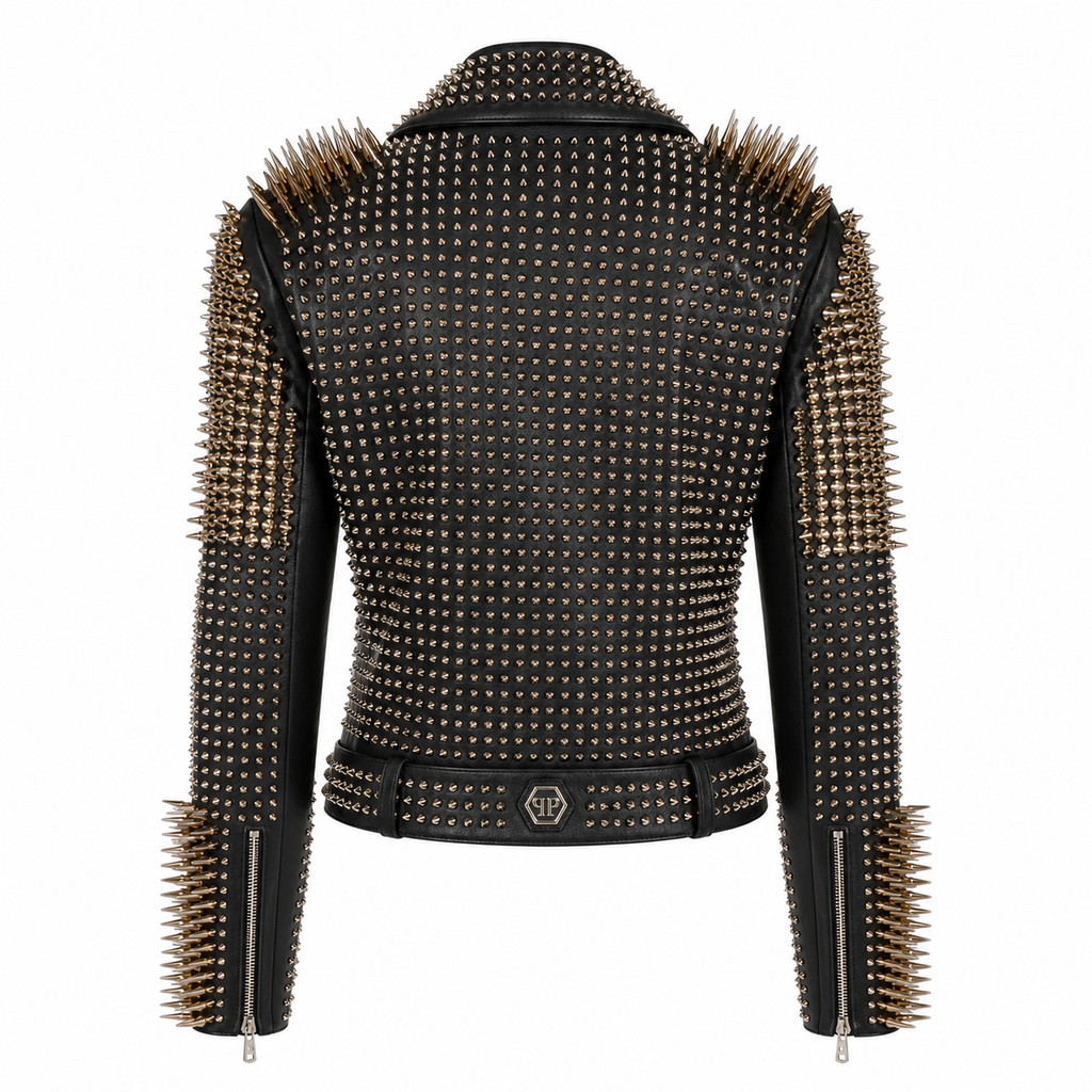 Women’s Golden Studded Leather Biker Jacket