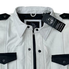 Men’s police style white leather shirt with sharp collar and premium leather finish