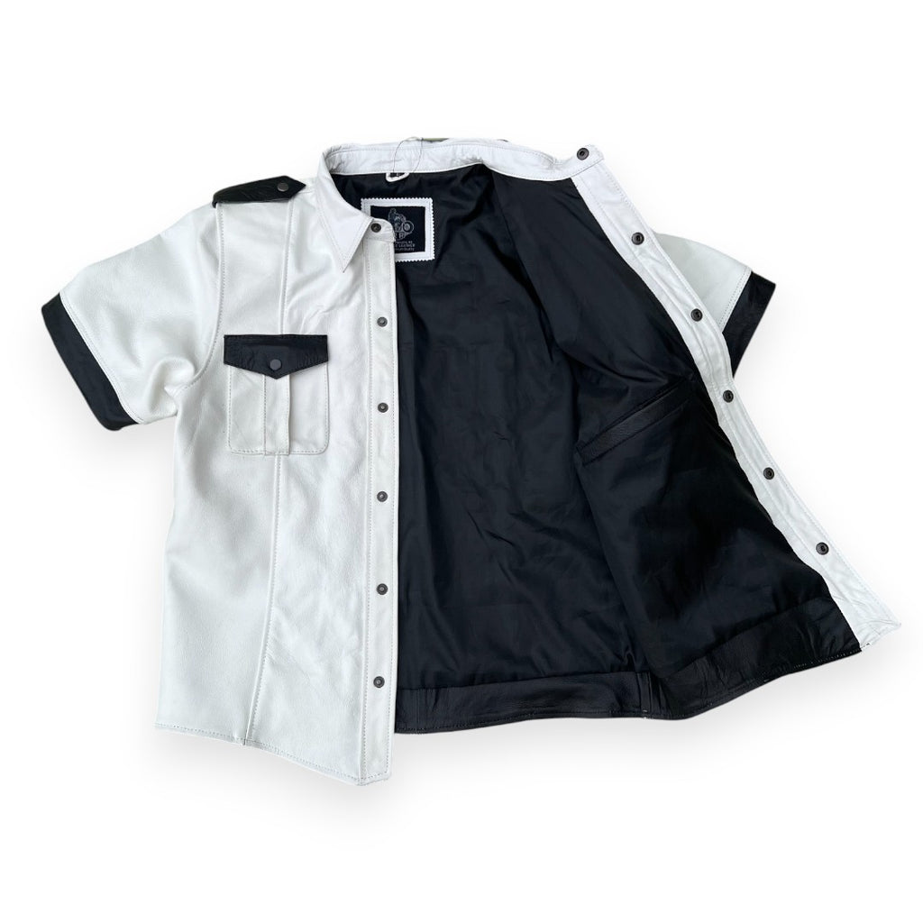 White leather button-up shirt for men in structured police inspired style