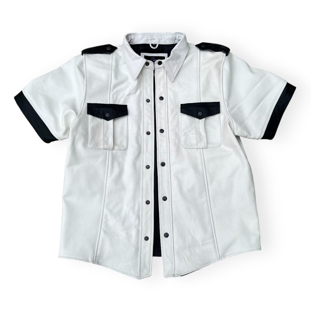 White leather shirt for men with police style design and clean button closure