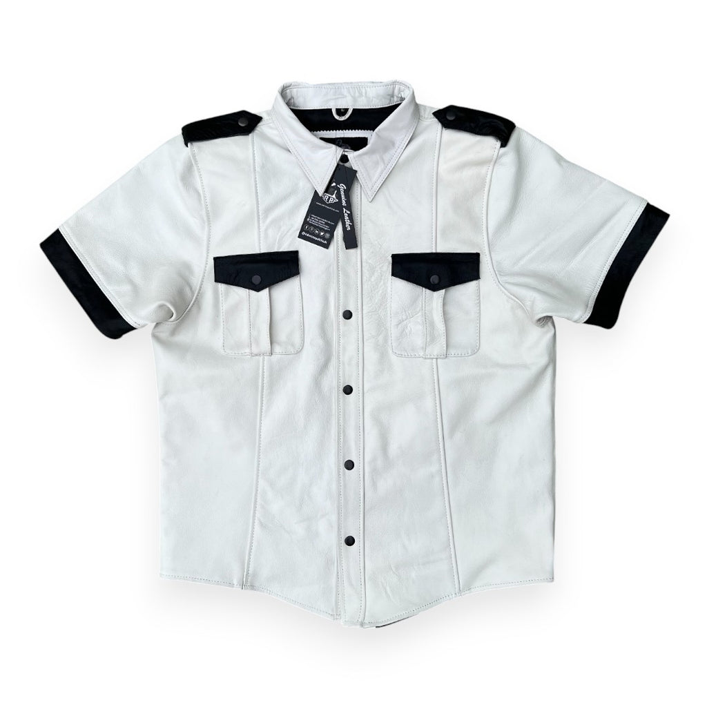 Men’s white leather police style shirt with button front and structured collar