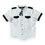 Men’s white leather police style shirt with button front and structured collar