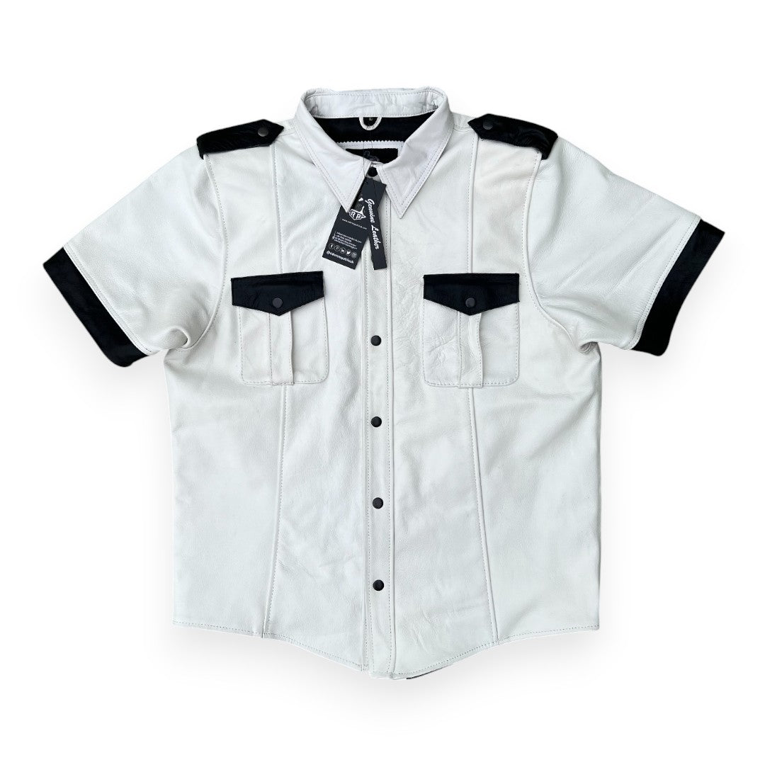 Men’s white leather police style shirt with button front and structured collar