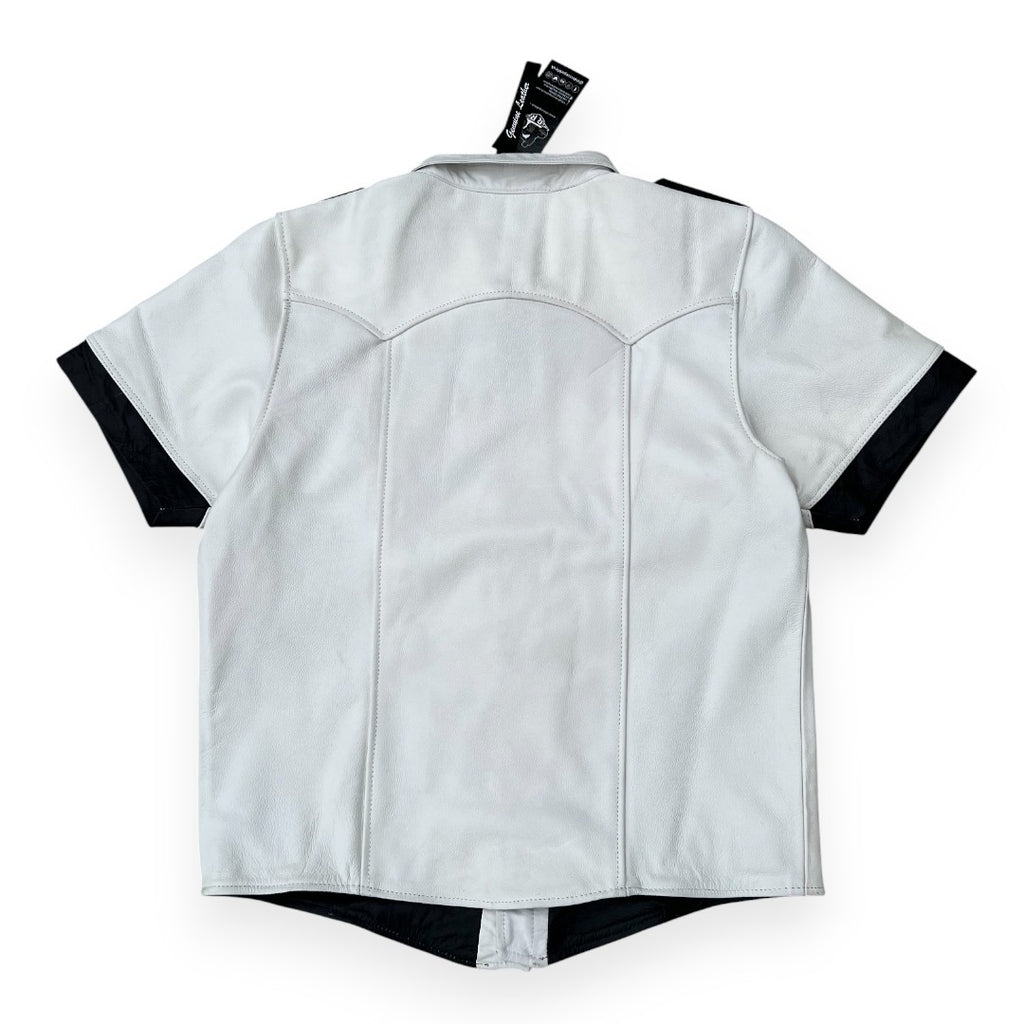 Police style men’s white leather shirt for statement fashion and premium styling