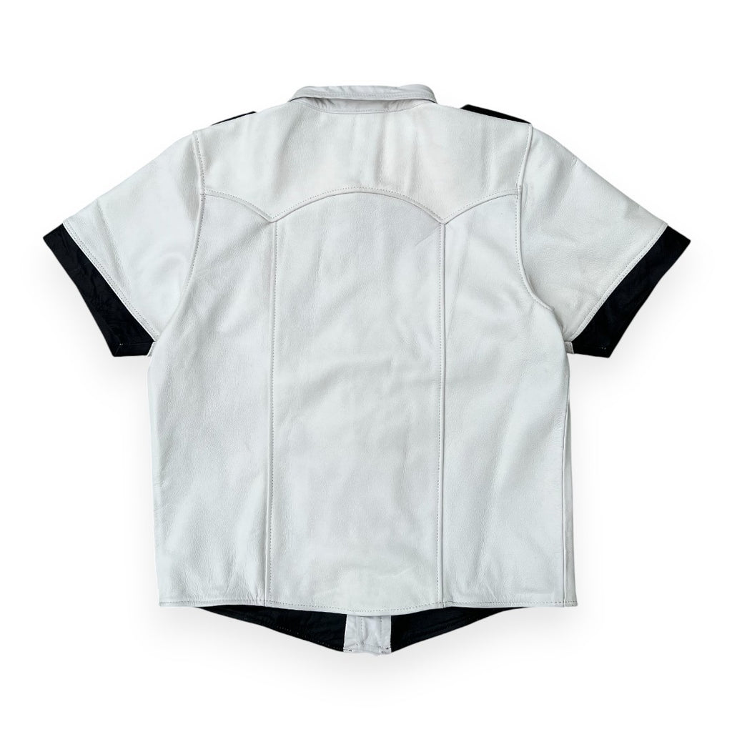Men’s white leather uniform style shirt with front buttons and tailored look