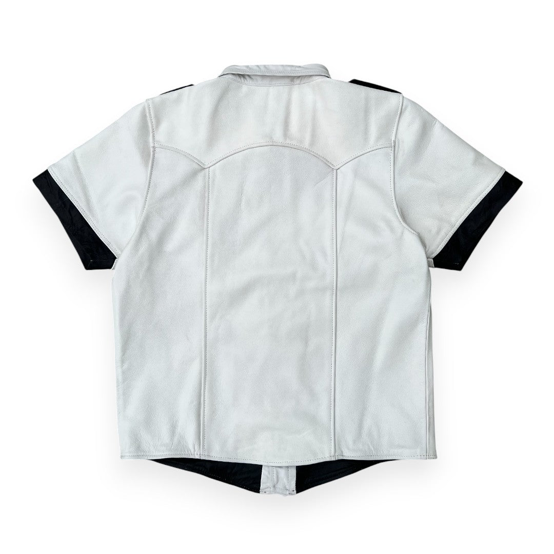 Men’s white leather uniform style shirt with front buttons and tailored look