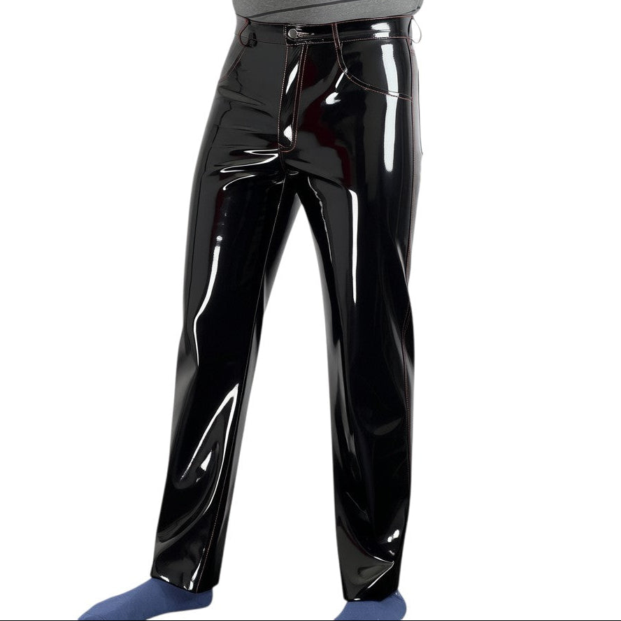 Men’s Black Vinyl Trousers Red Stitching Riders Republic UK Back View