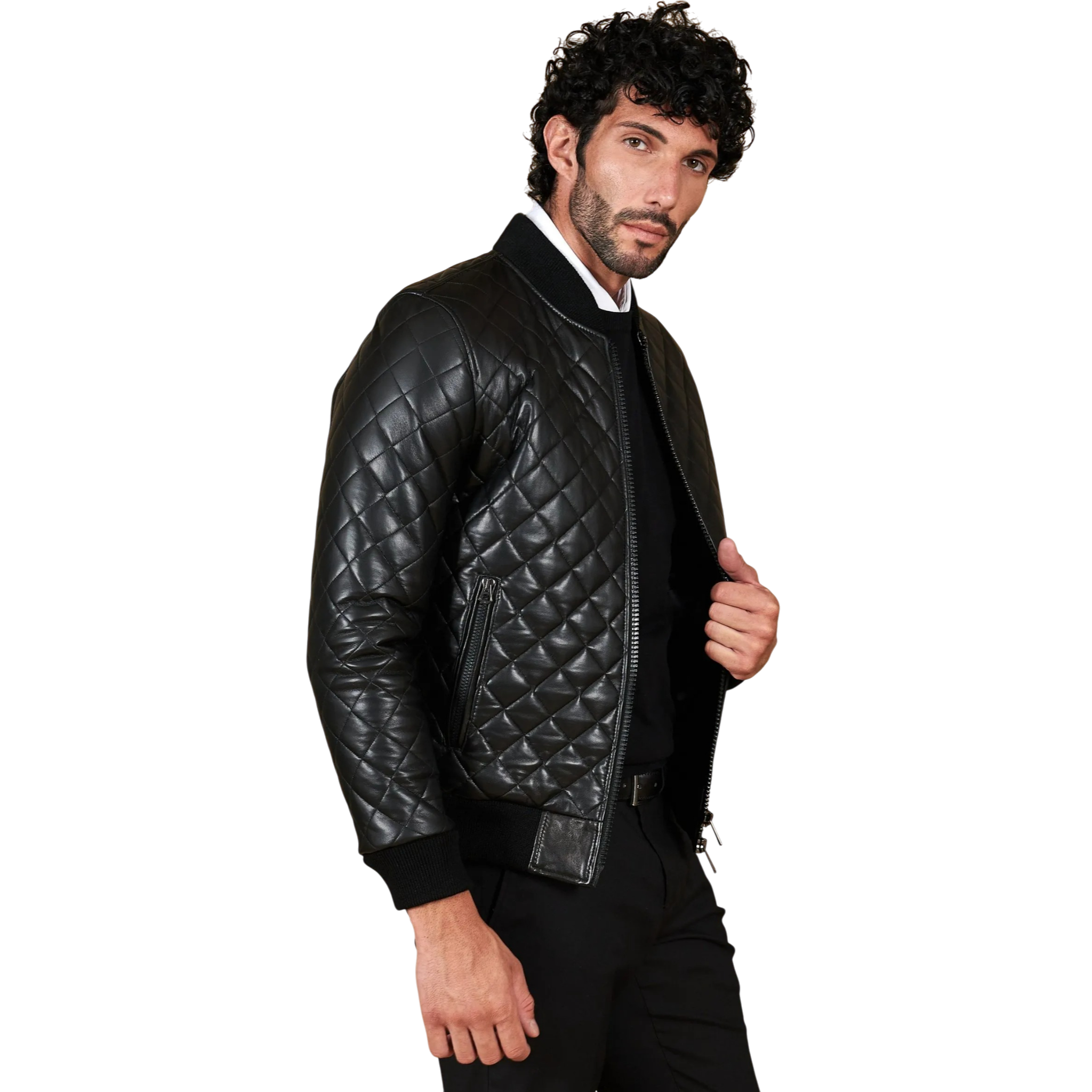 Schwarze Lederjacke für Herren, schmal geschnitten