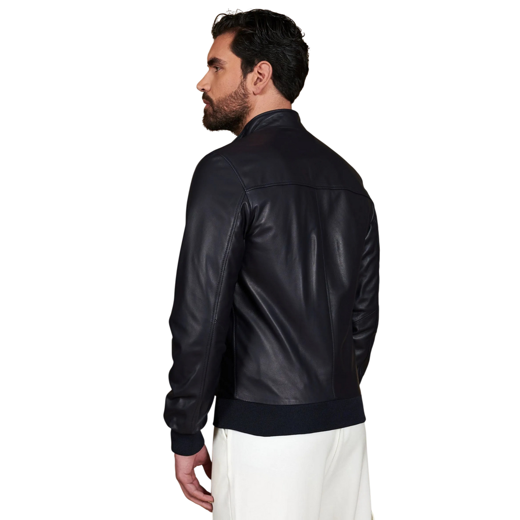 Men’s Blue Leather Bomber Jacket
