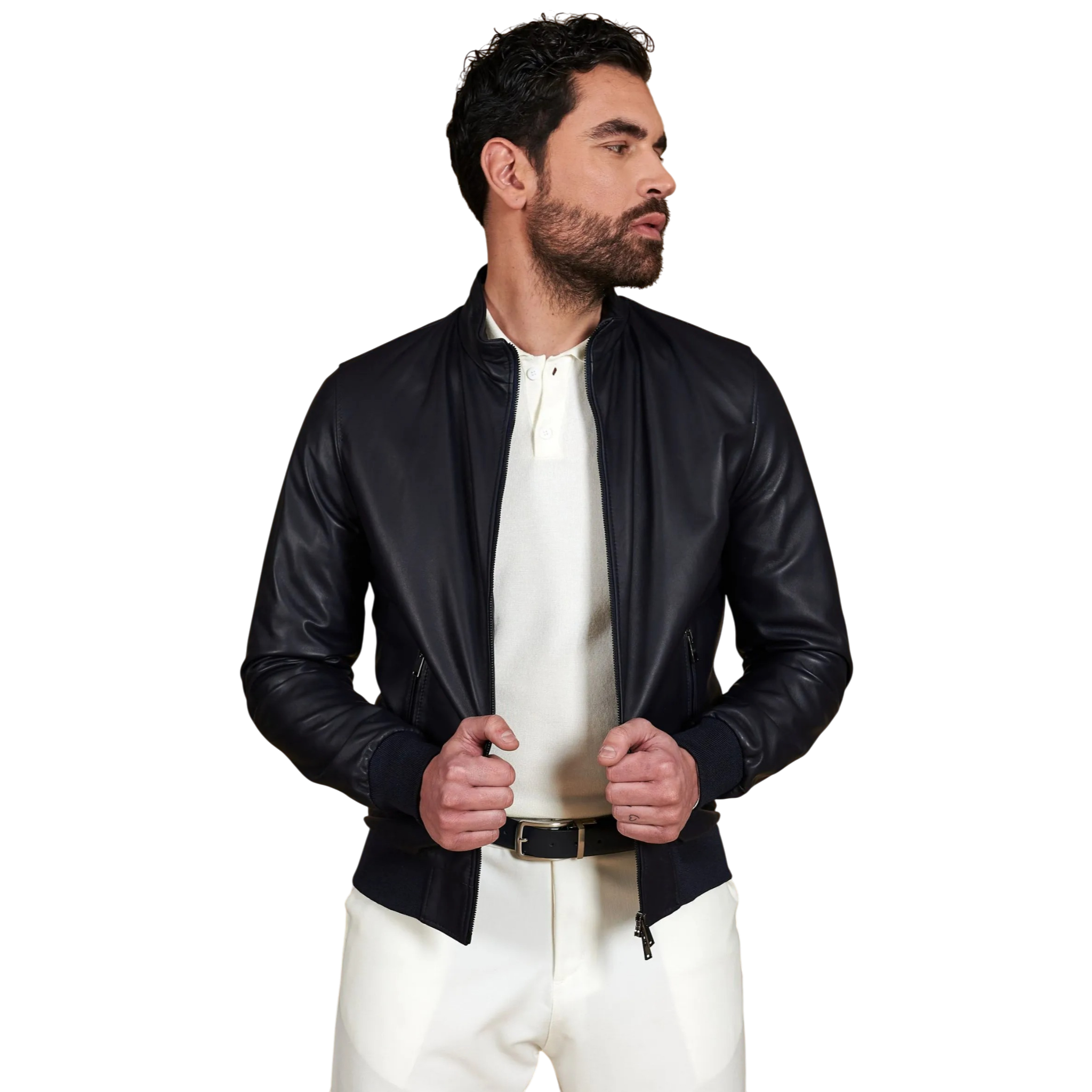 Blaue Bomberjacke aus Leder für Herren