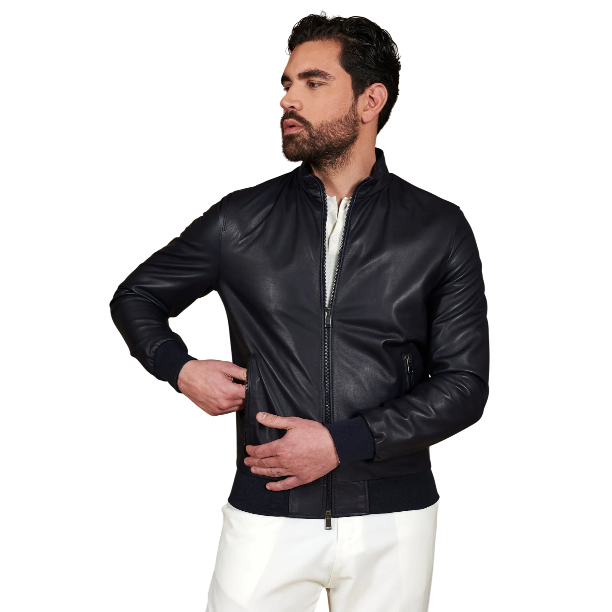 Blaue Bomberjacke aus Leder für Herren