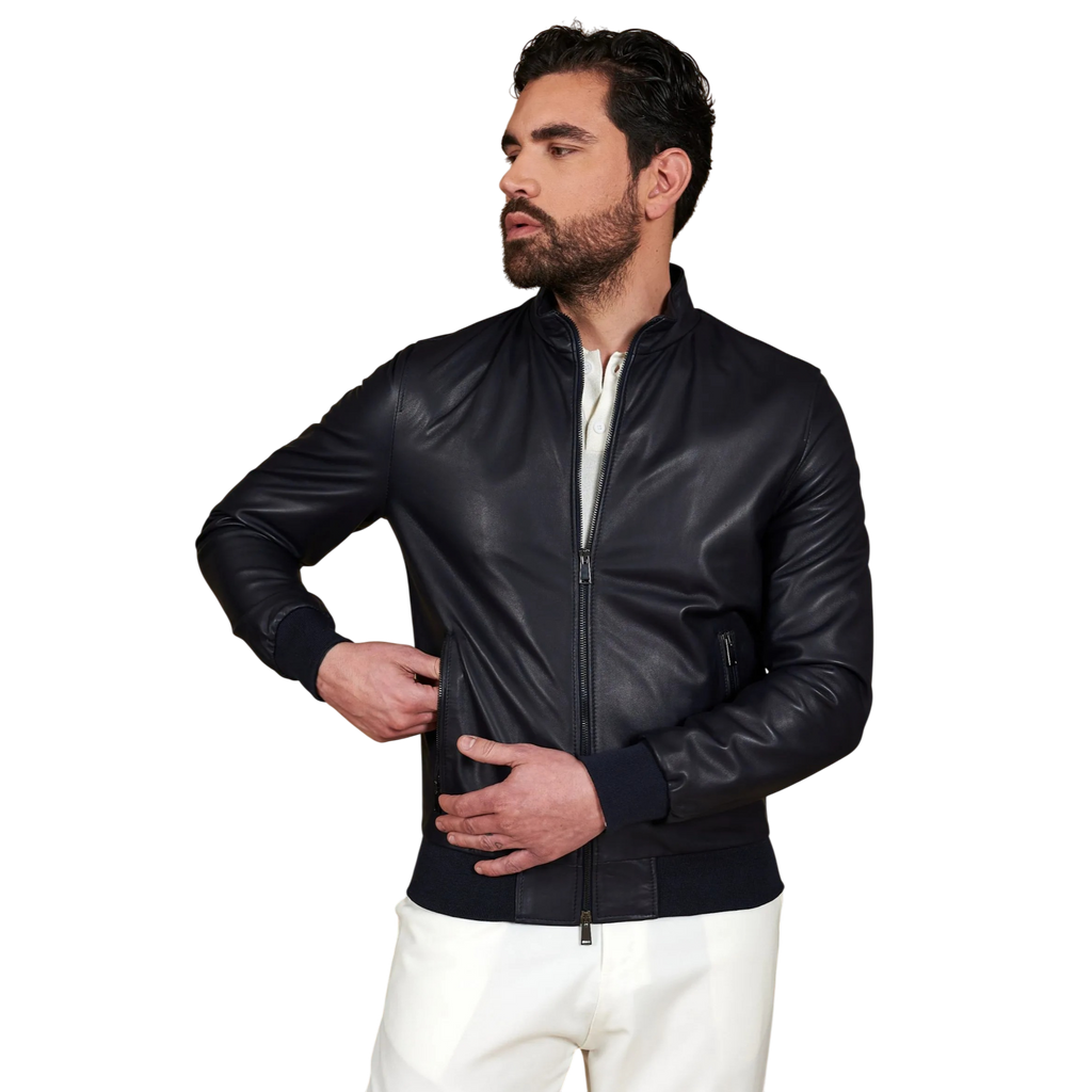 Men’s Blue Leather Bomber Jacket