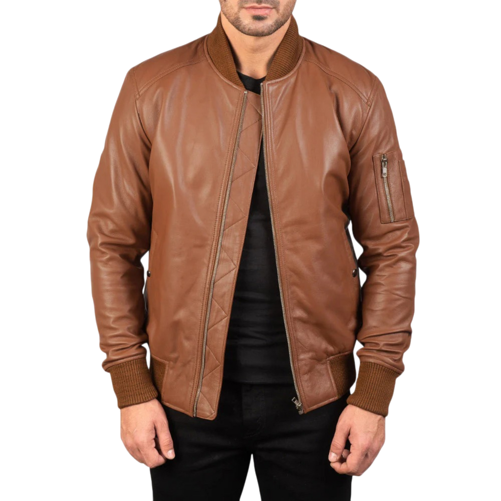 Men’s Brown Leather Bomber Biker Jacket