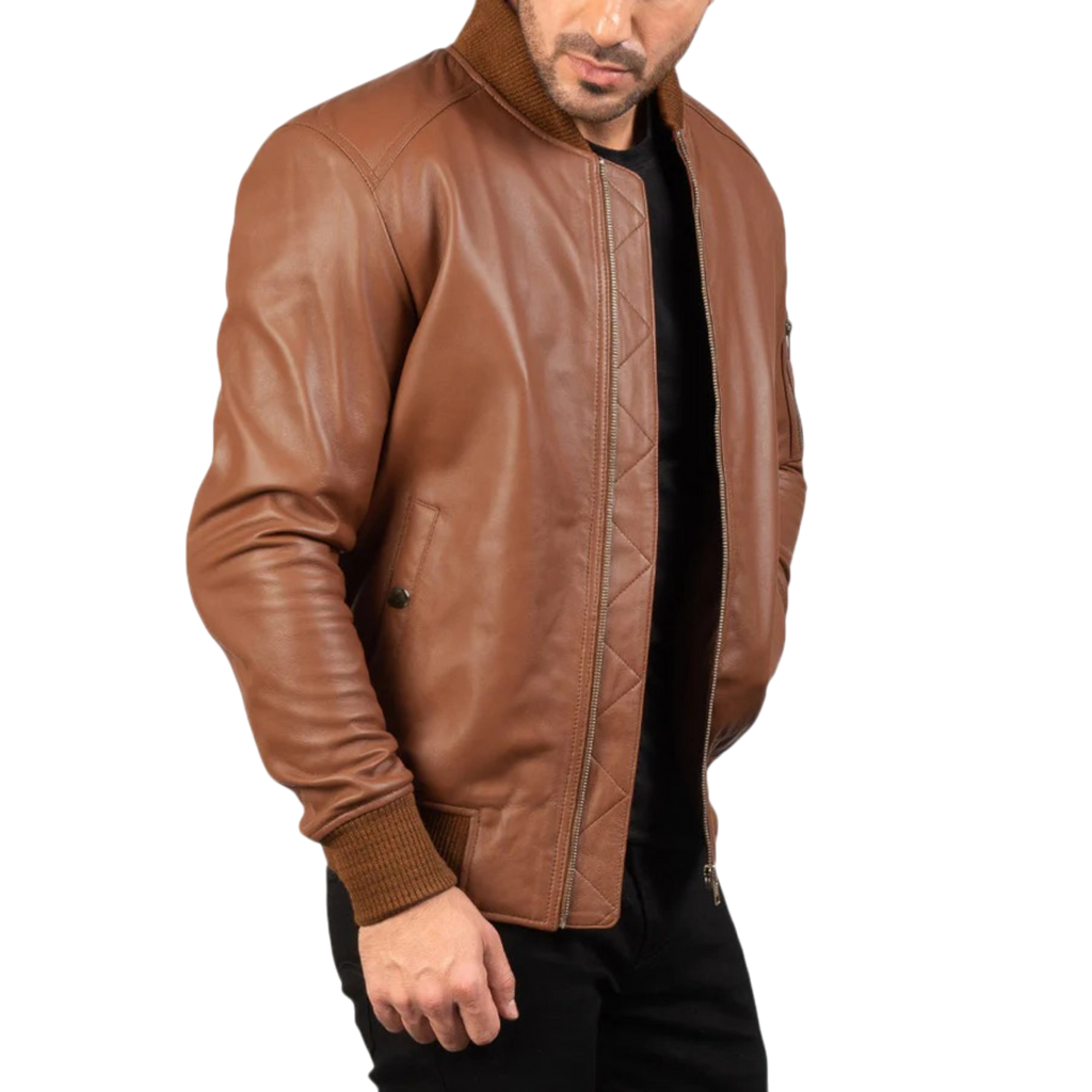 Men’s Brown Leather Bomber Biker Jacket
