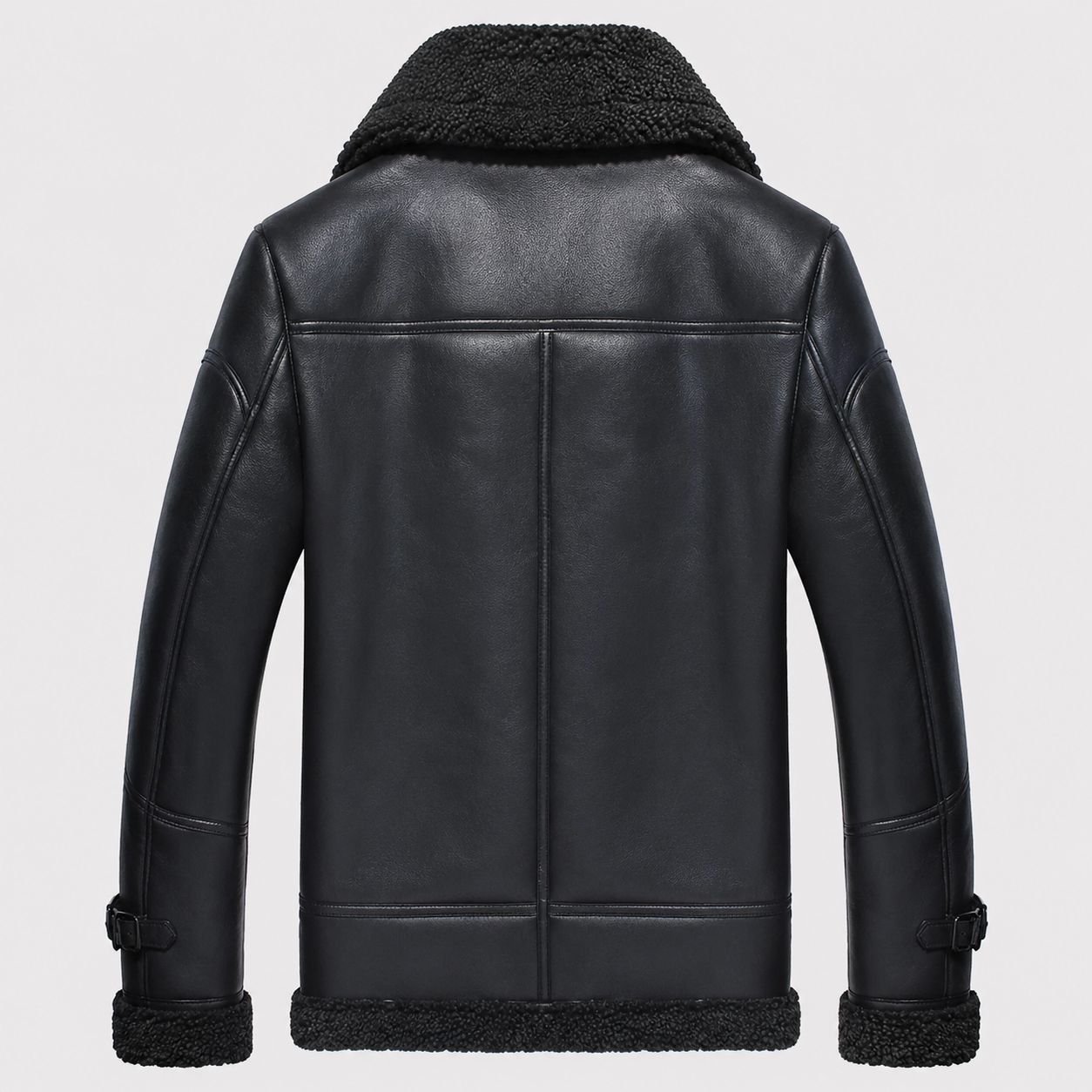 Men’s black shearling flight jacket with aviator collar and B-3 bomber shape