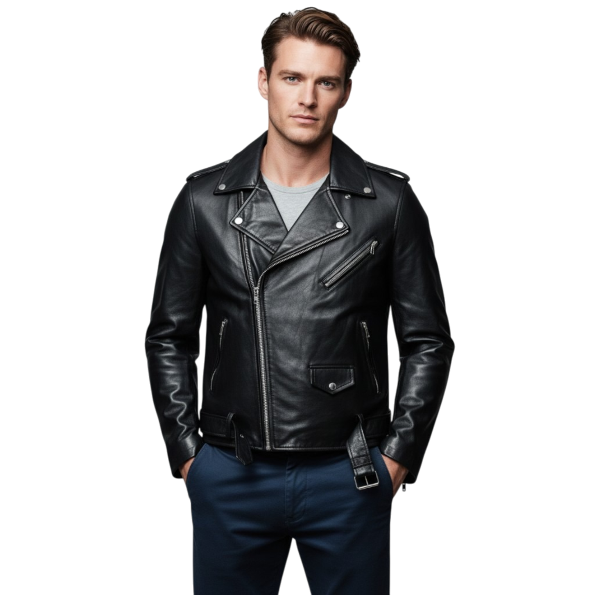 Schwarze Bikerjacke aus Leder für Herren