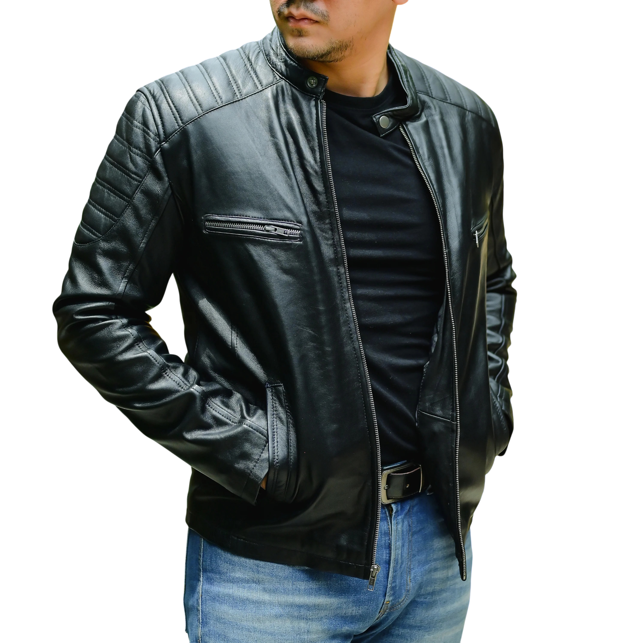 Men’s Slim Fit Leather Biker Racer Jacket