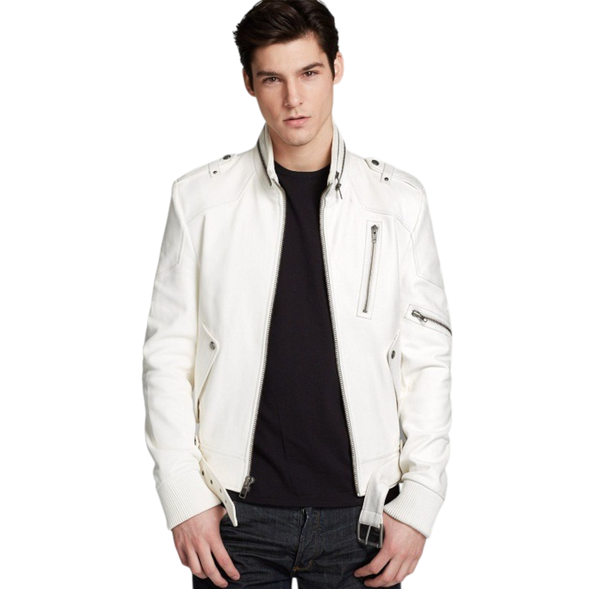 Weiße Racer Moto Biker Herren Lederjacke