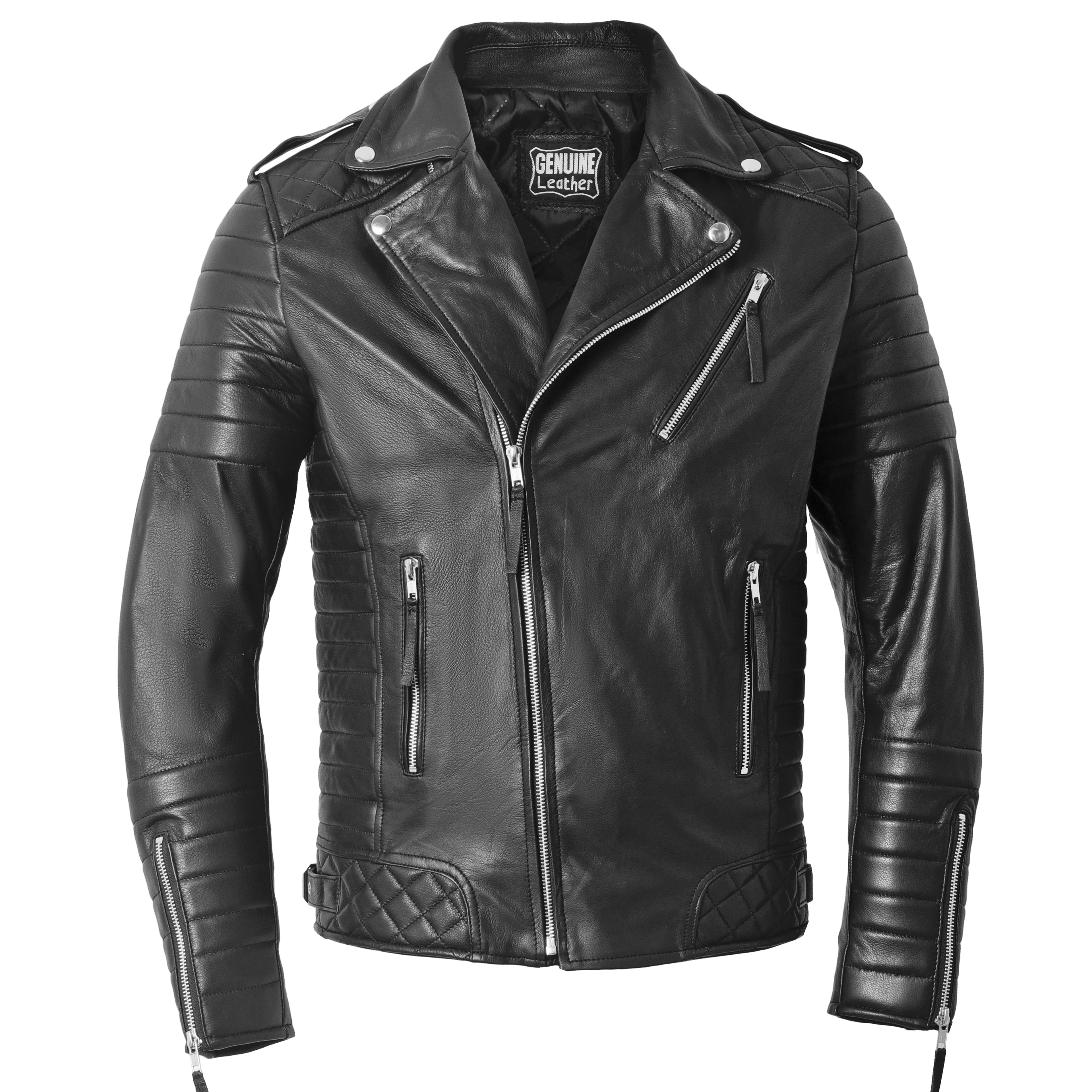 Men’s black sheepskin leather biker jacket front view with asymmetrical zip and quilted shoulder detailing