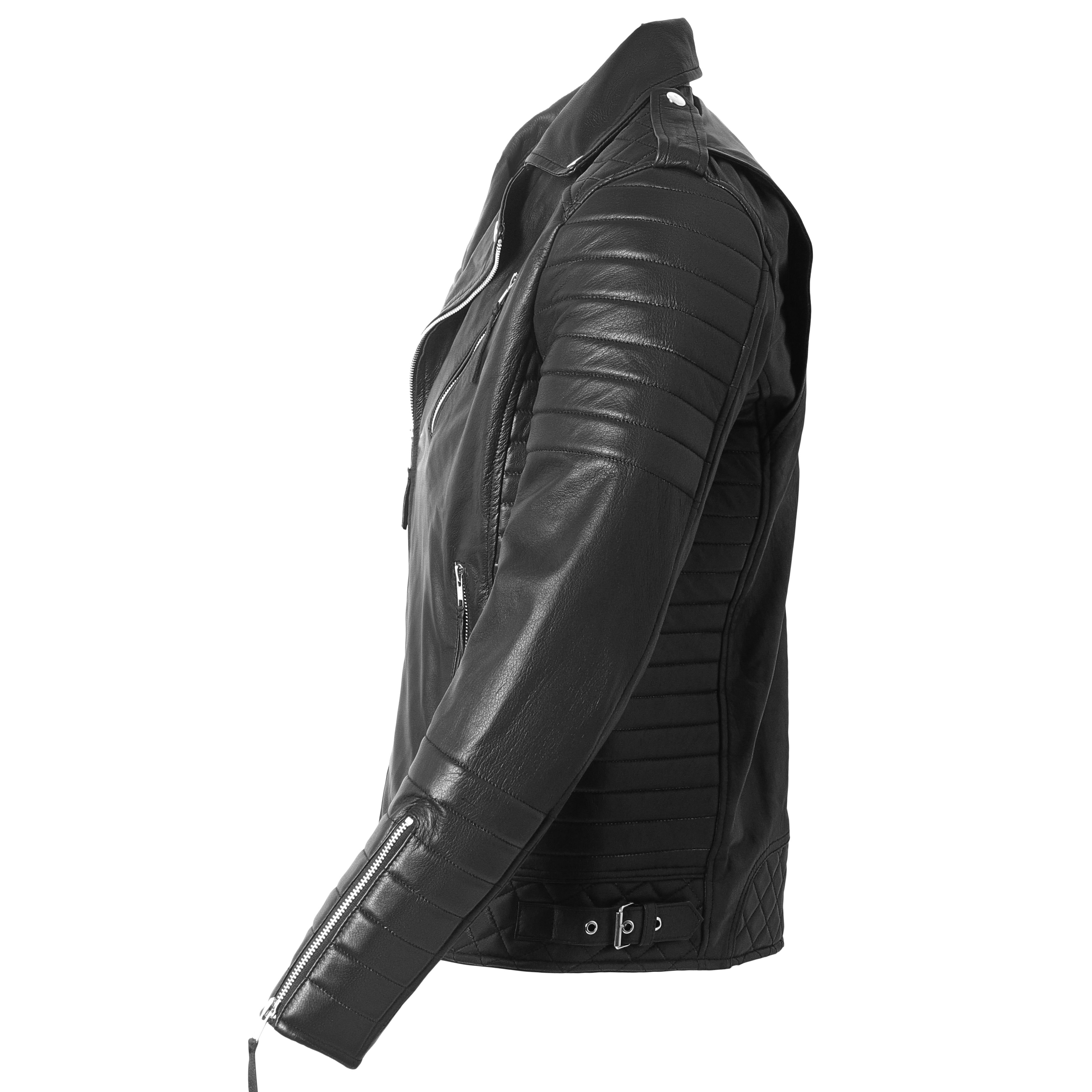 Men’s black sheepskin leather biker jacket front view with asymmetrical zip and quilted shoulder detailing