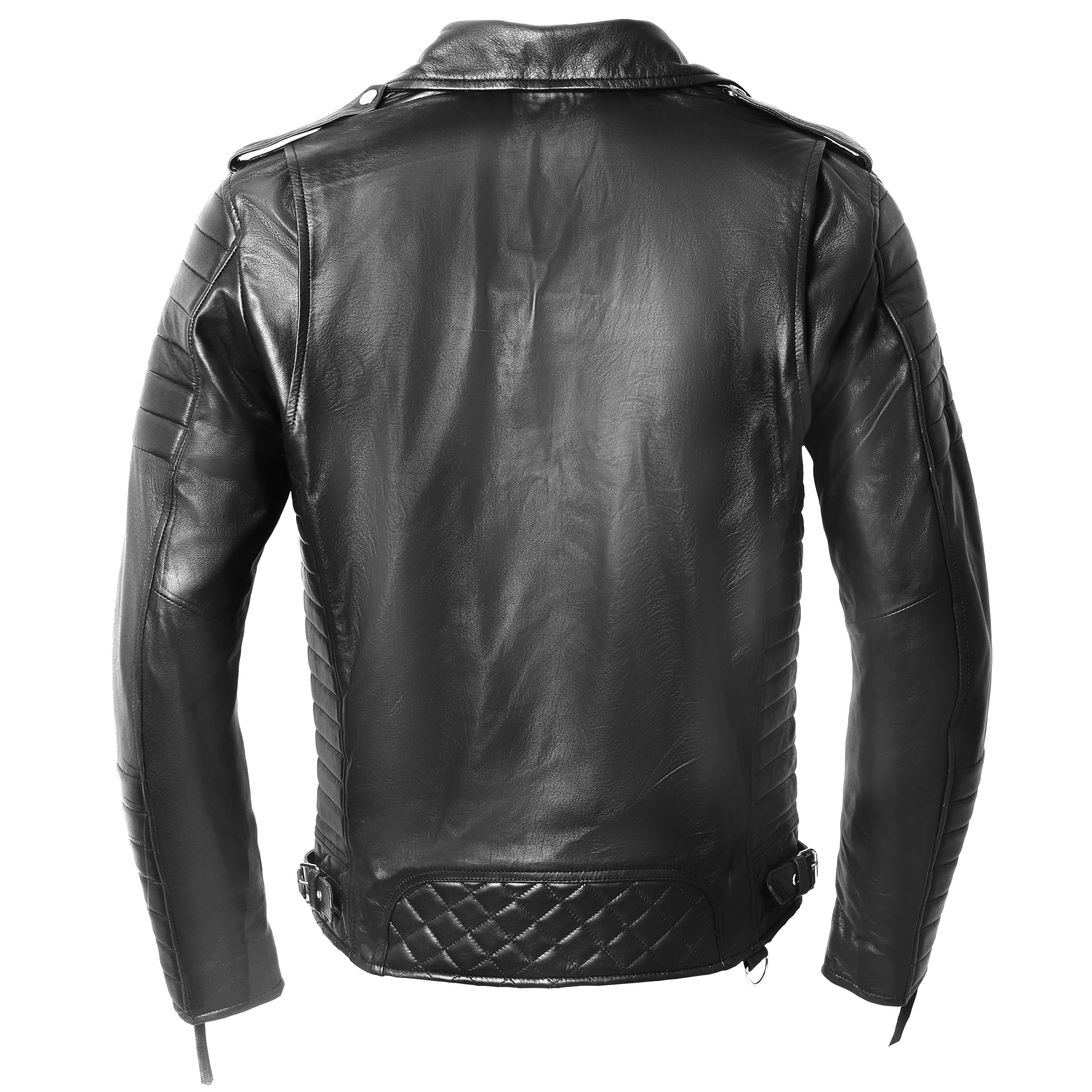 Men’s black sheepskin leather biker jacket front view with asymmetrical zip and quilted shoulder detailing