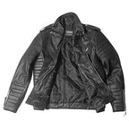 Men’s black sheepskin leather biker jacket front view with asymmetrical zip and quilted shoulder detailing