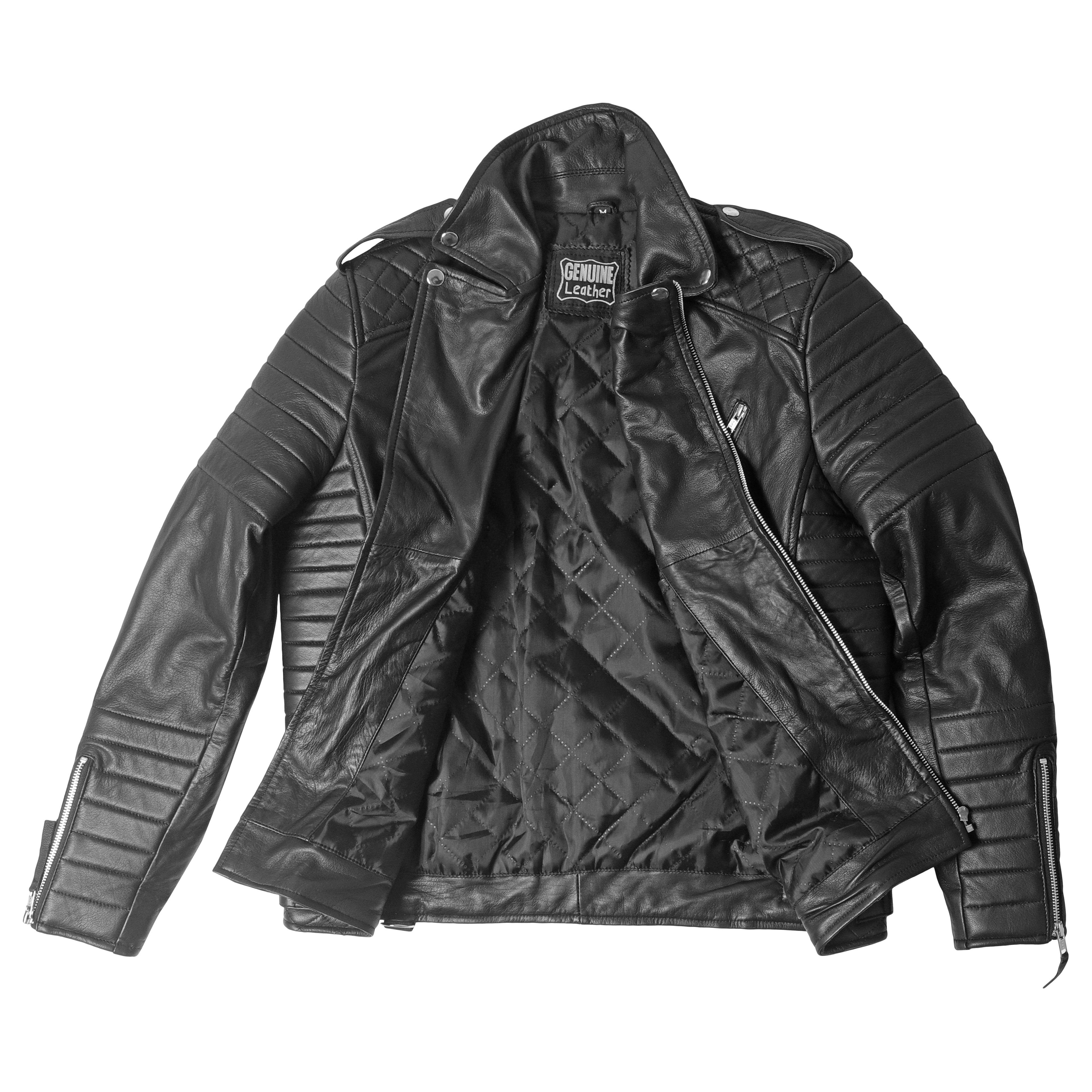 Men’s black sheepskin leather biker jacket front view with asymmetrical zip and quilted shoulder detailing