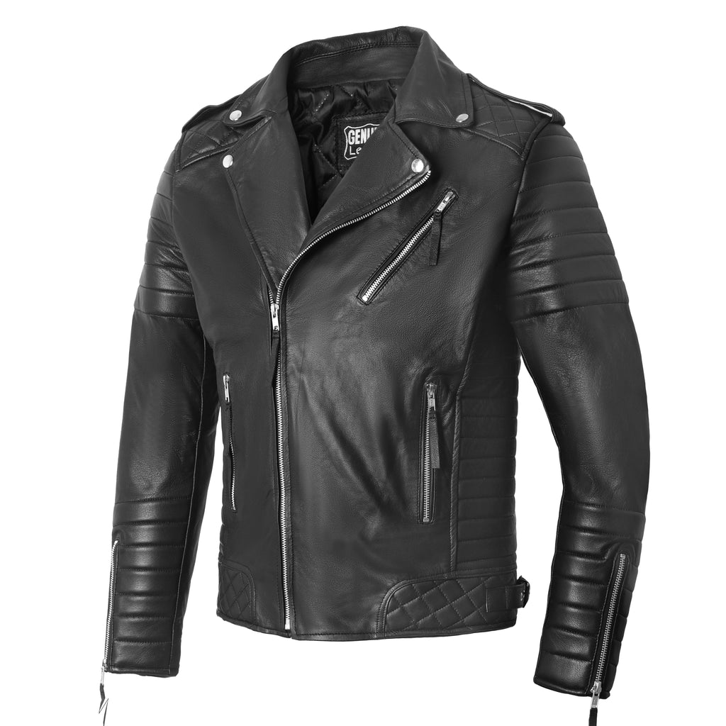 moto jacket in sheepskin with quilted sleeves and YKK zip pockets side angle