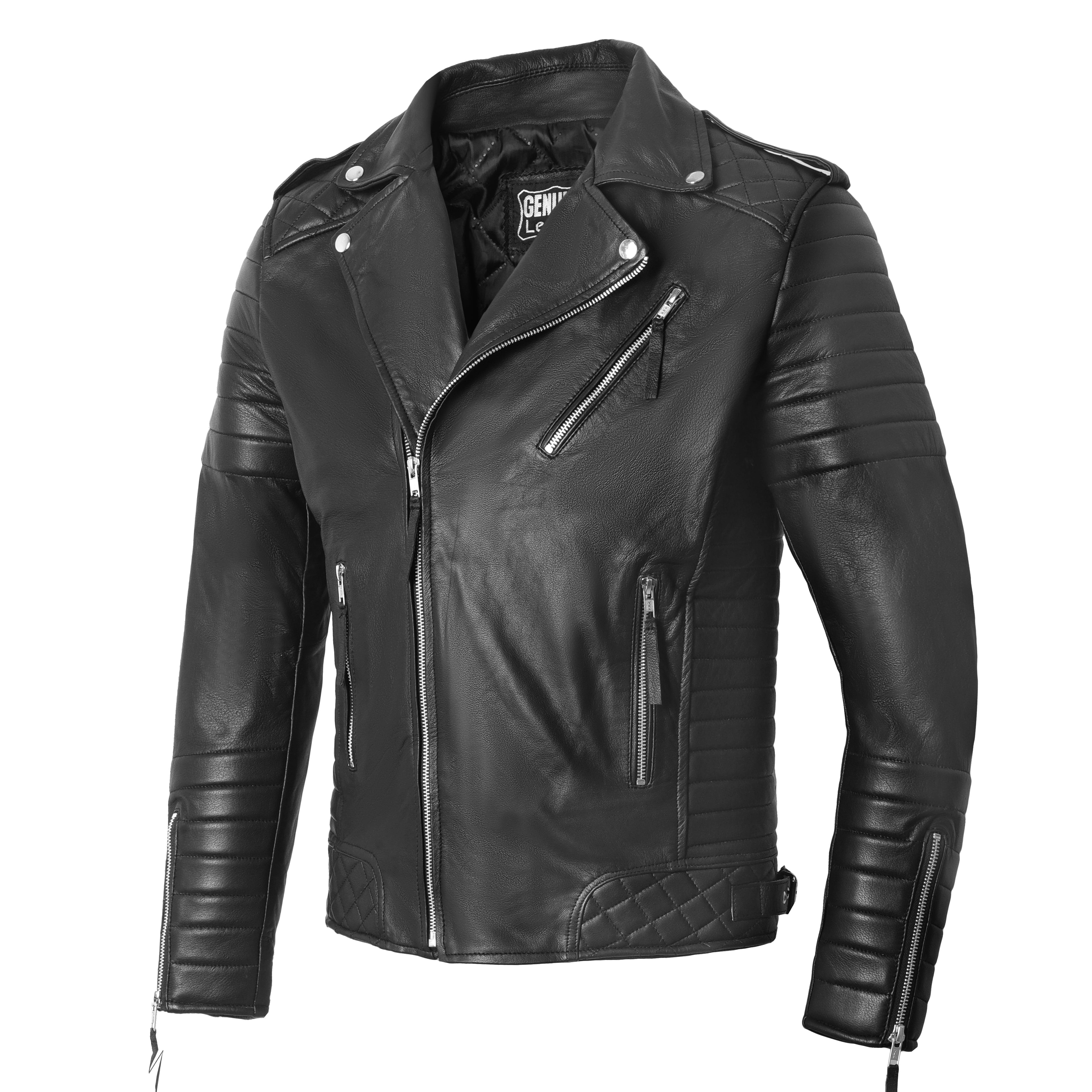 moto jacket in sheepskin with quilted sleeves and YKK zip pockets side angle