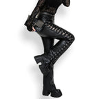 Women’s lace-up straight leg leather trousers with side lacing detail