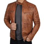 Men’s Tan Brown & Black Fashion Leather Jacket