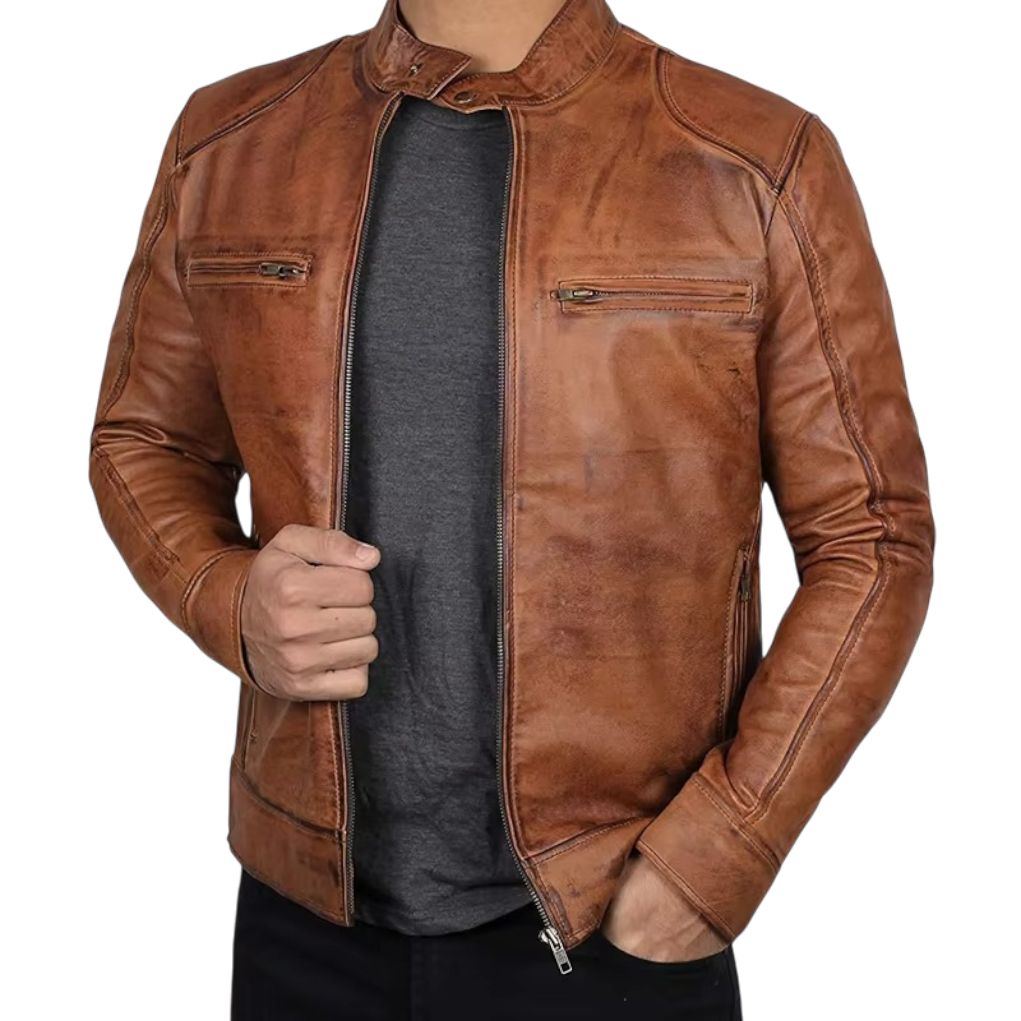 Men’s Tan Brown & Black Fashion Leather Jacket