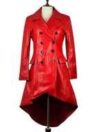 Women’s red leather coat with double-breasted military style, long tailored fit and bold statement outerwear design.