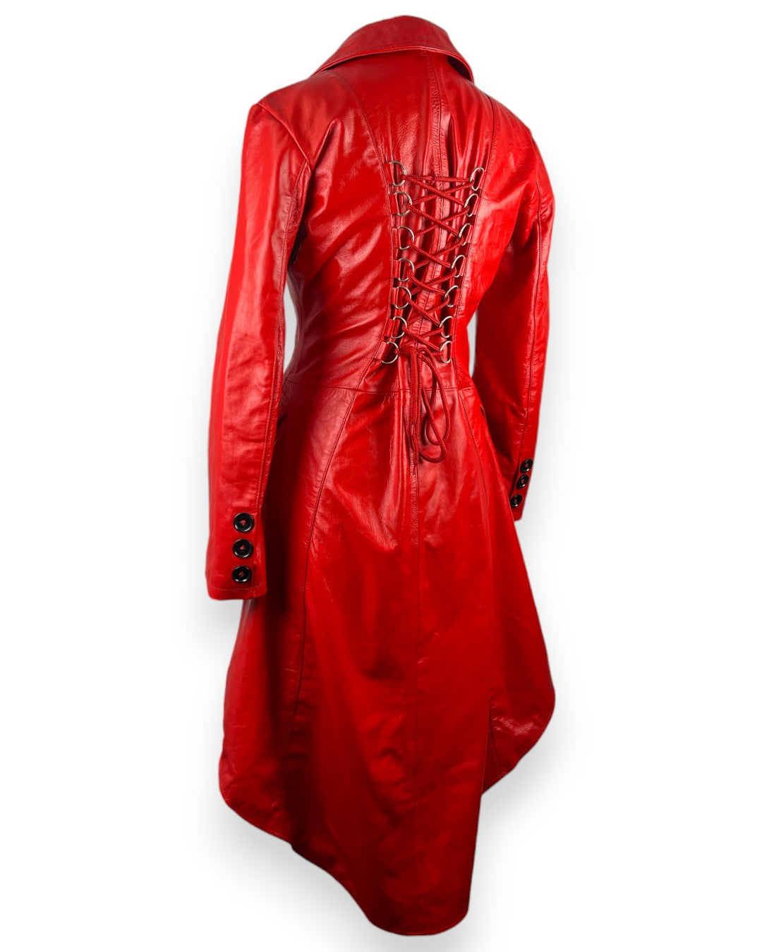 Women’s red military leather coat with long fitted shape, strong button detail and standout evening style.