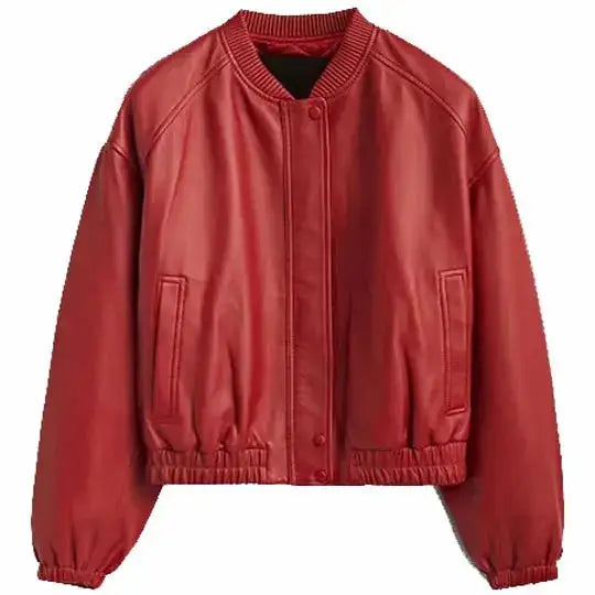 Women’s red leather bomber jacket with cropped fit, ribbed collar and button front closure.