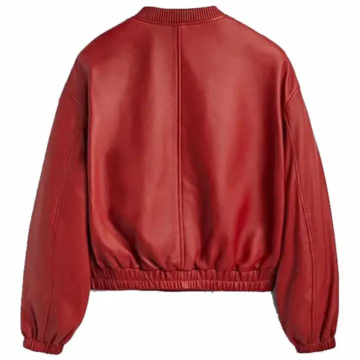 Red leather bomber jacket for women with ribbed cuffs, elastic hem and side pocket detail.