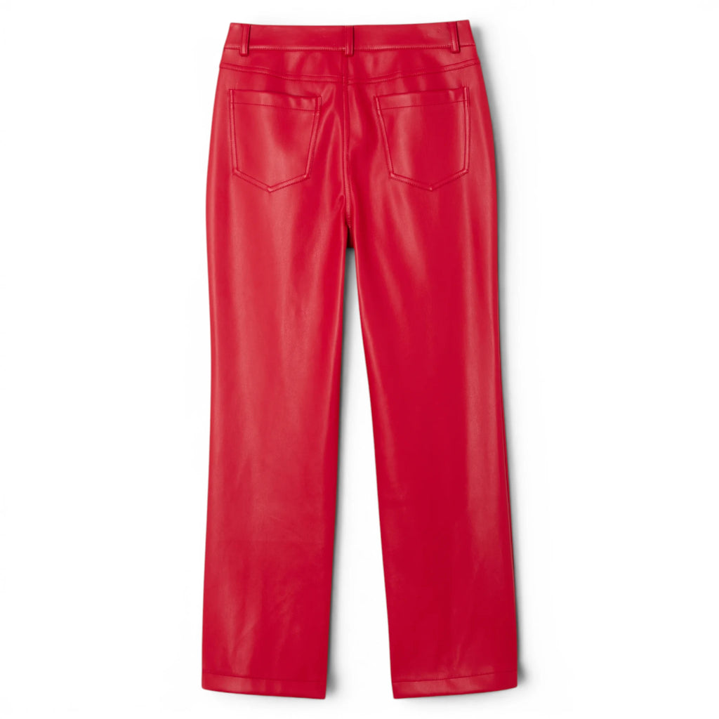 Red leather trousers for women with front pocket detail, premium glossy texture and modern fitted silhouette.