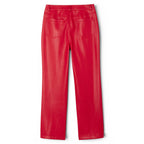 Red leather trousers for women with front pocket detail, premium glossy texture and modern fitted silhouette.