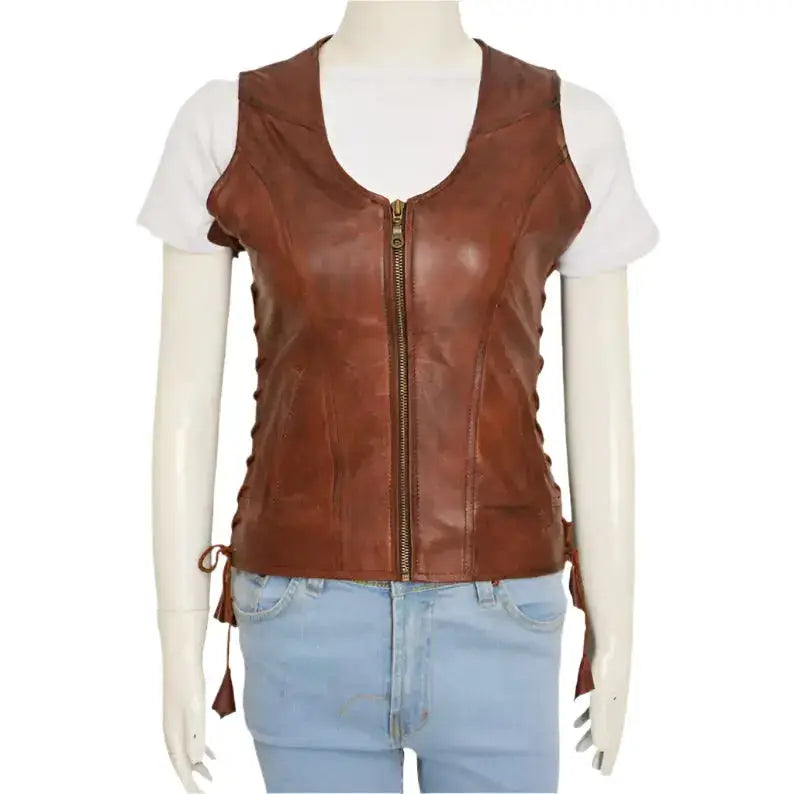 Womens Brown Leather Vest - Riders Republic UK
